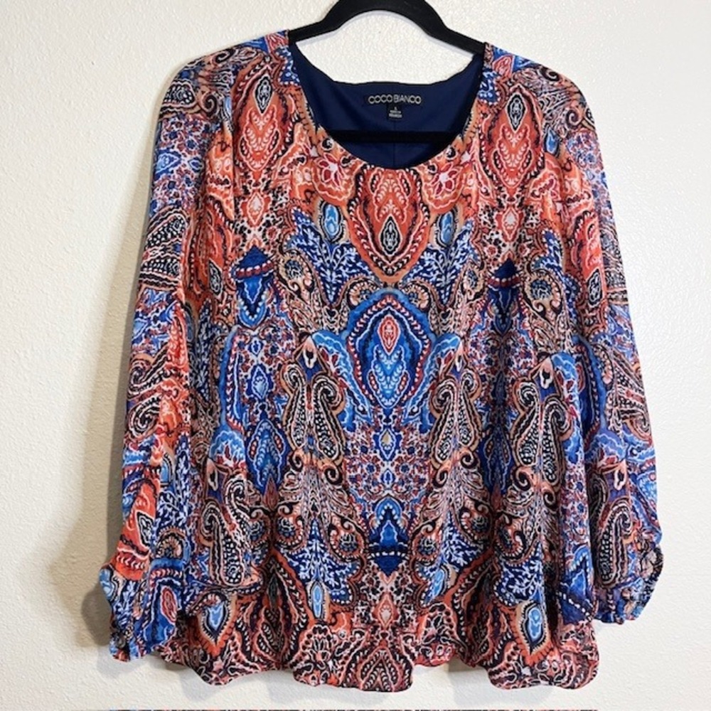 Coco Bianco Women's Large Paisley Print Blouse Top Dolman Sleeve Vibrant Artsy‎
